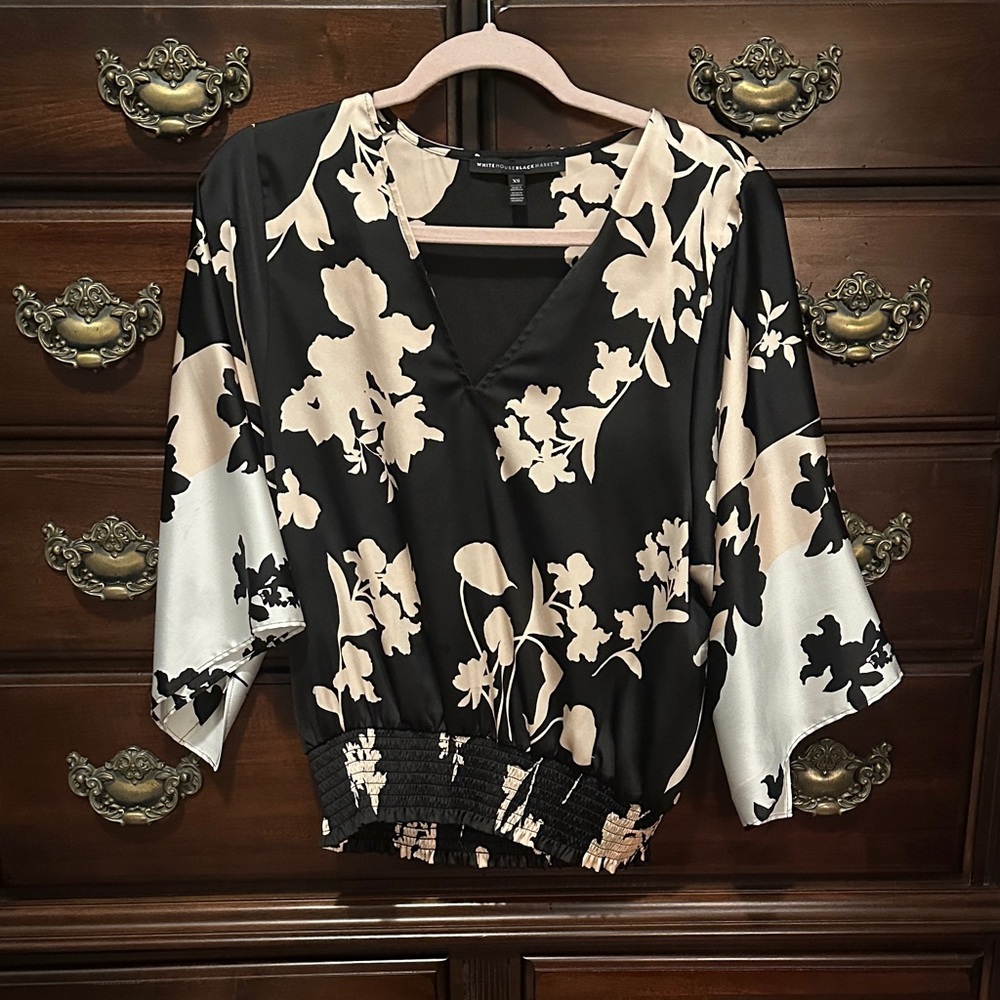White House Black Market Black and Cream Floral Blouse